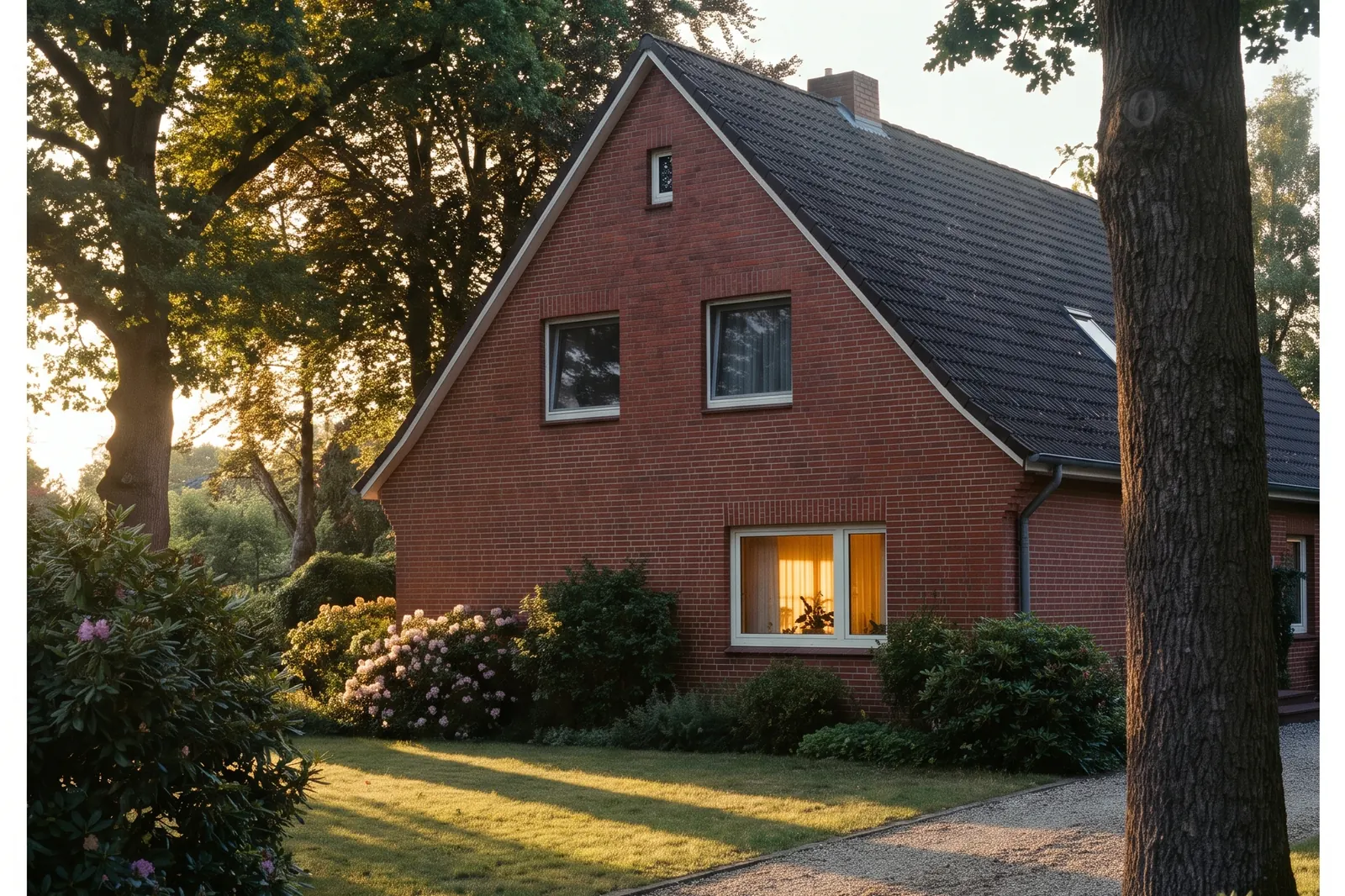 Gepflegtes Einfamilienhaus aus rotem Klinker im Abendlicht
